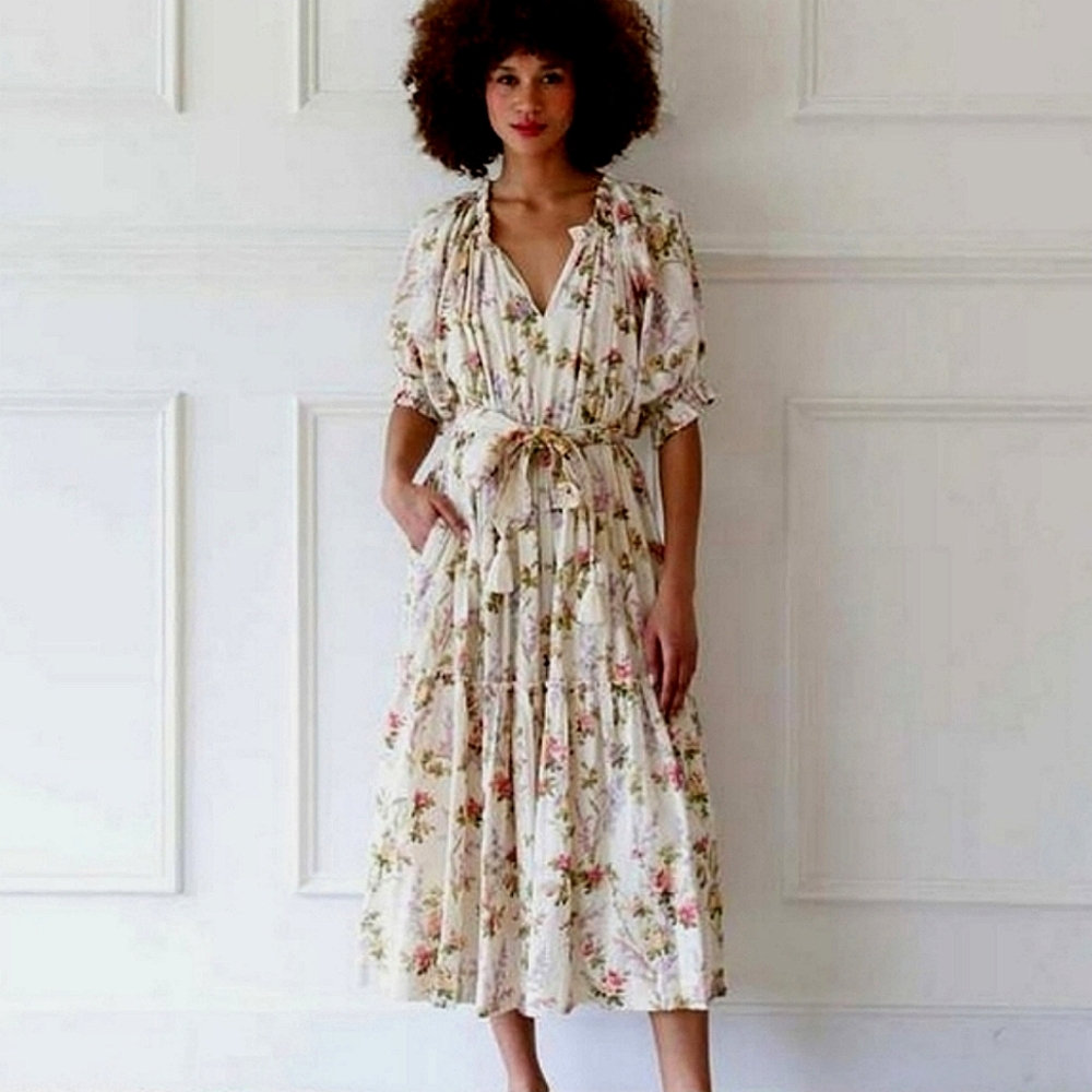 Mille Resort & Travel Floral Puff Sleeve Zoe Trianon Midi Dress Cottagecore MD - Picture 2 of 14